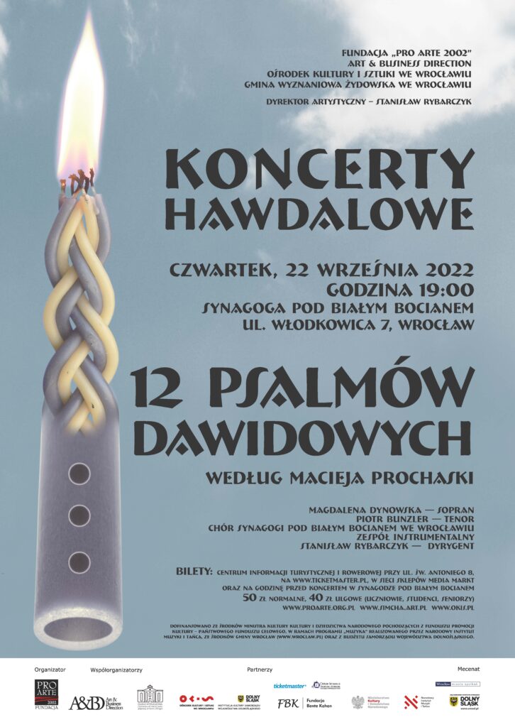 Afisz - Koncerty Hawdalowe - 12 psalmów Dawidowych według Macieja Prochaski. Plakat jest w niebieskich barwach, na których widnieje świeca hawdalowa. 